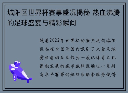 城阳区世界杯赛事盛况揭秘 热血沸腾的足球盛宴与精彩瞬间